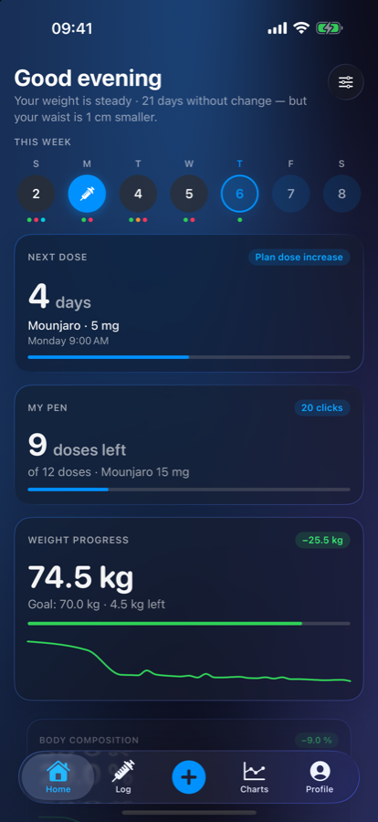 The home screen with next dose, pen and weight progress