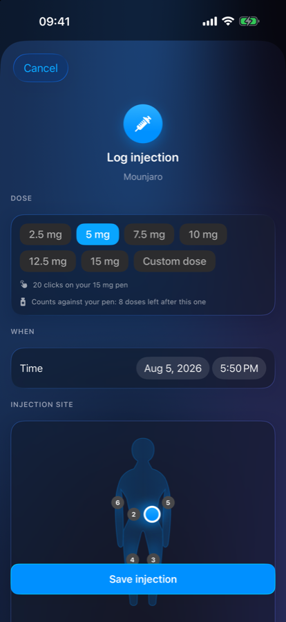 The form for logging an injection