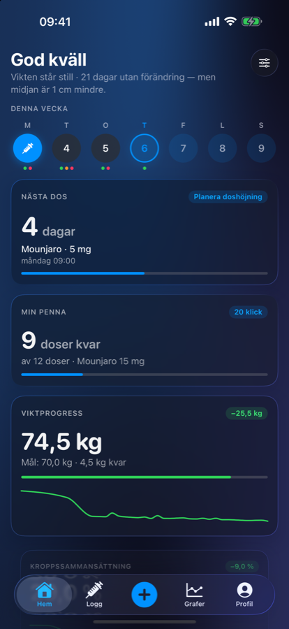 Hemskärmen med nästa dos, penna och viktprogress