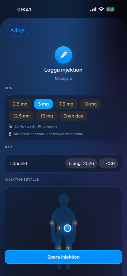 Formuläret för att logga en injektion
